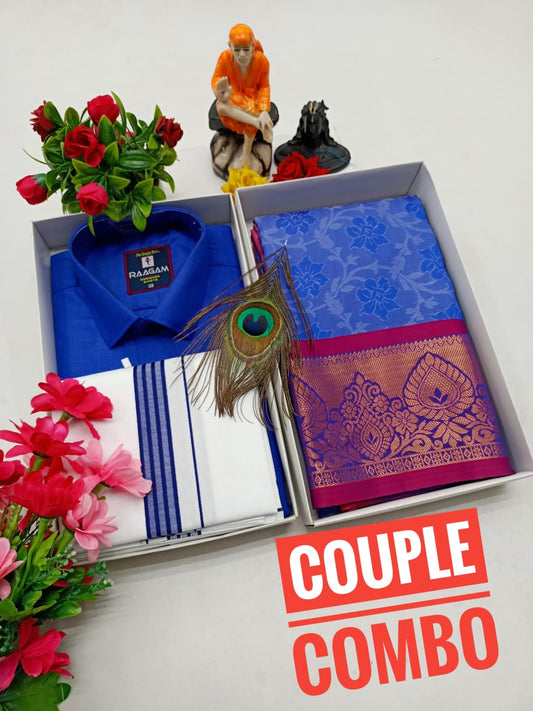Classic Couple Combo – Embossed Saree & Blended Set - CoupleWeaves