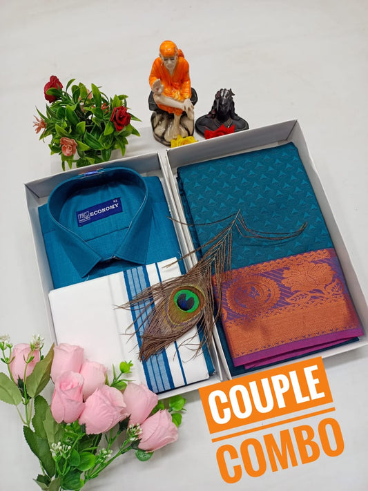 Classic Look Combo – Embossed Saree & Dhoti Shirt Pair - CoupleWeaves