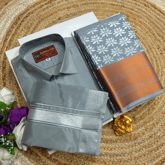 Combo Pack – Silk Saree and Men’s Vesti Shirt - CoupleWeaves