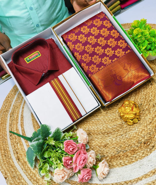 Comfort Saree & Cotton Blend Shirt Dhoti Combo - CoupleWeaves