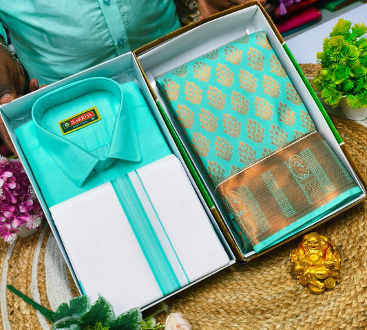 Cotton Blend Couple Combo – Bridal Saree and Shirt Set - CoupleWeaves