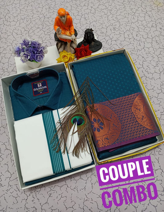 Mix and Match Combo – Embossed Saree & Cotton Blend Set - CoupleWeaves