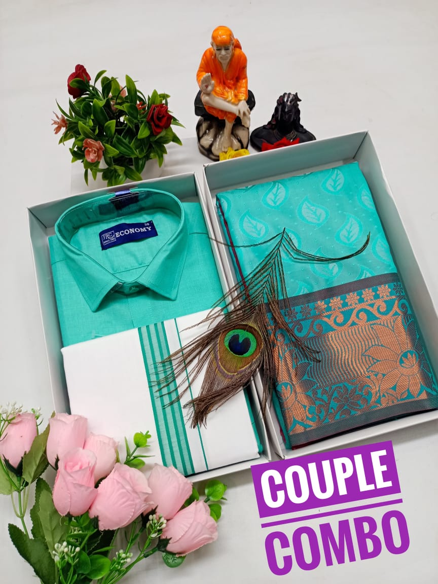 Couple Combo – Embossed Bridal Saree & Blended Mens Combo - CoupleWeaves