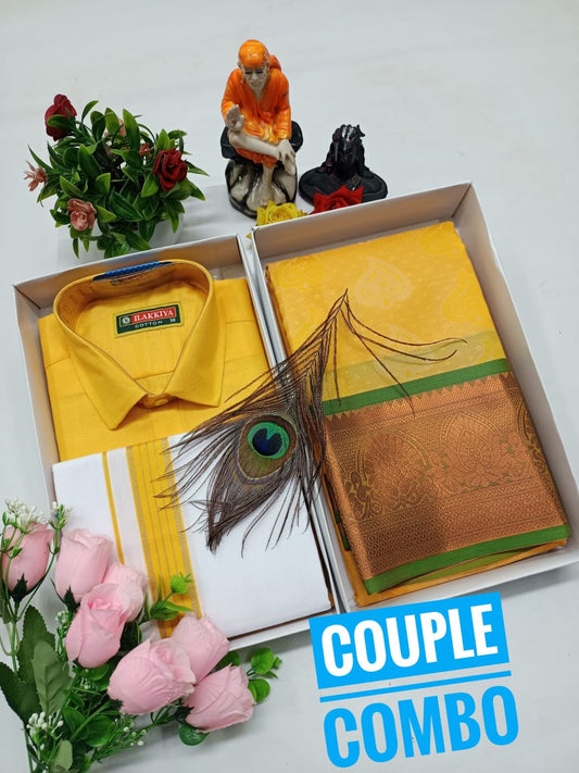 Couple Combo for Functions Embossed Saree Edition - Yellow - CoupleWeaves