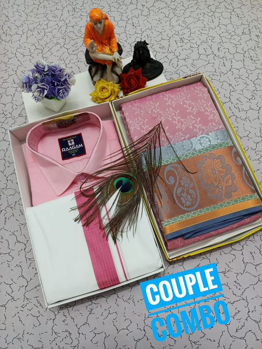 Couple Combo – Semi Silk Embossed Saree & Blended Menswear - CoupleWeaves