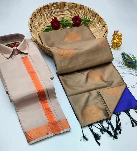 Couple Combo - Semi Silk Saree with Semi Silk Dhoti Shirt