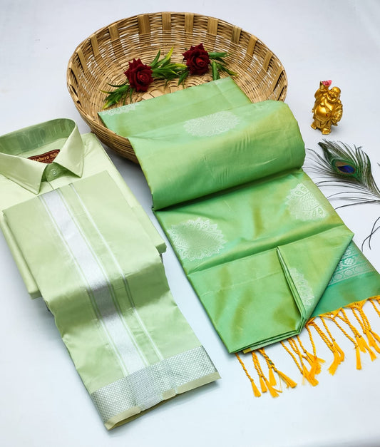 Couple Combo - Semi Silk Saree with Semi Silk Dhoti Shirt