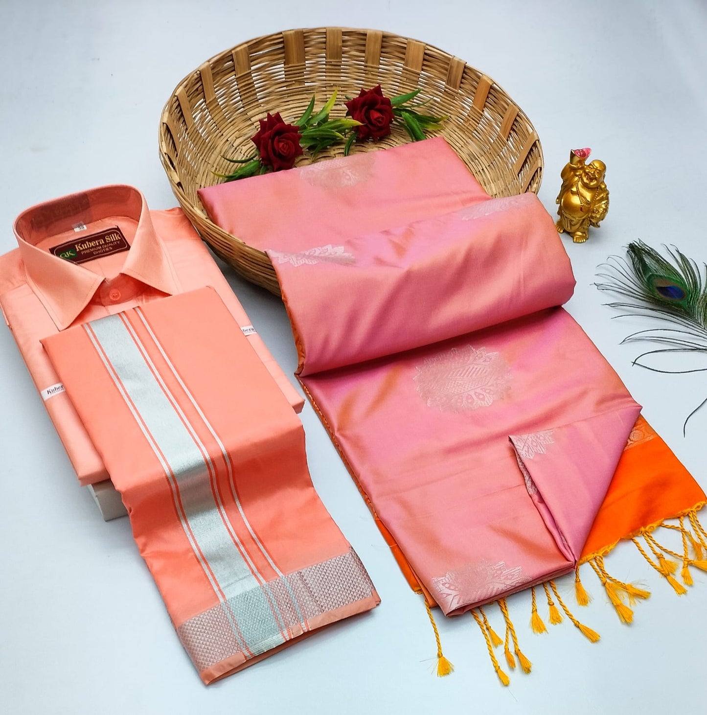 Couple Combo - Semi Silk Saree with Semi Silk Dhoti Shirt