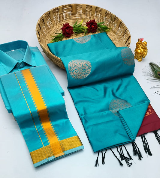 Couple Combo - Semi Silk Saree with Semi Silk Dhoti Shirt