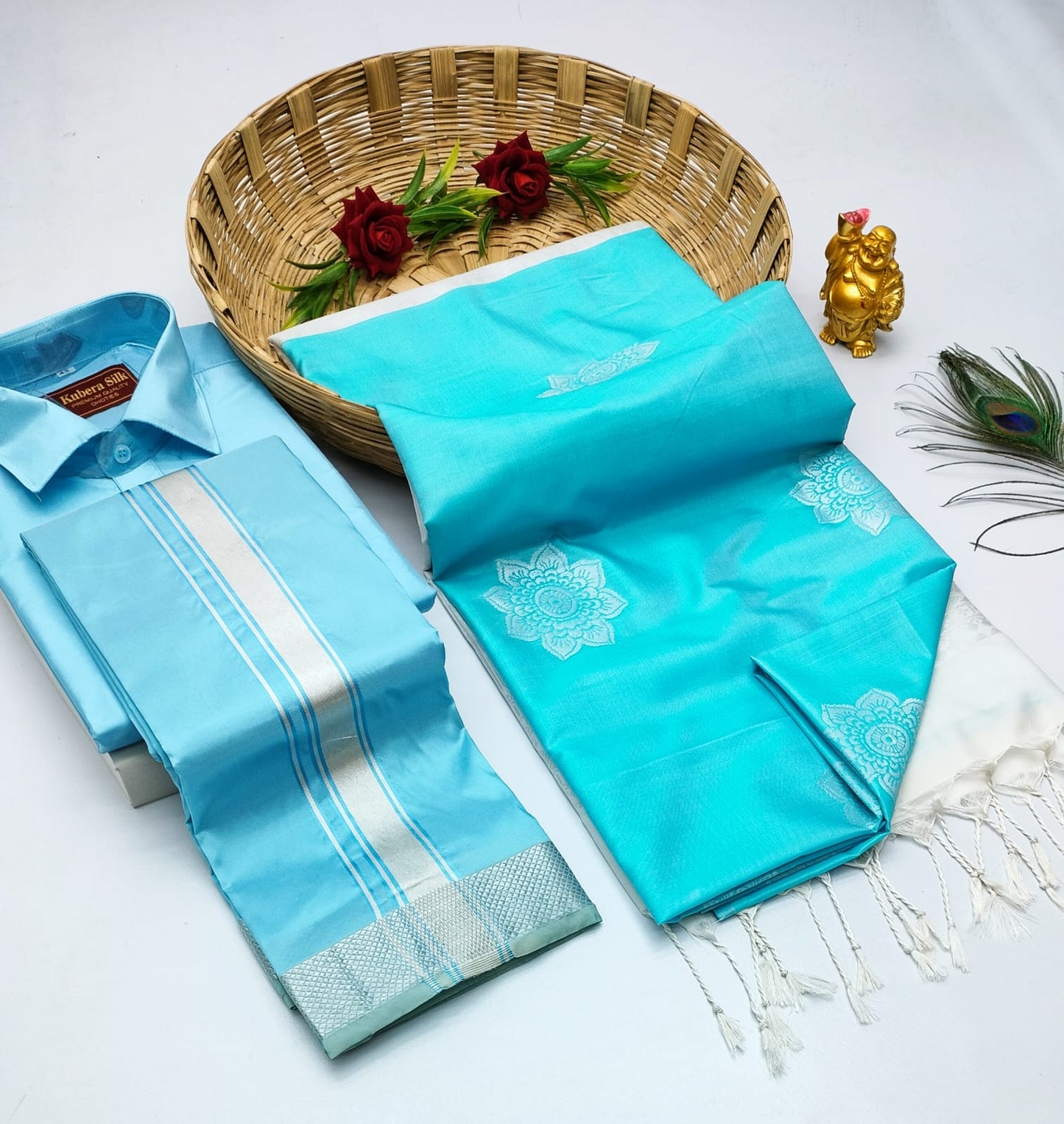 Couple Combo - Semi Silk Saree with Semi Silk Dhoti Shirt