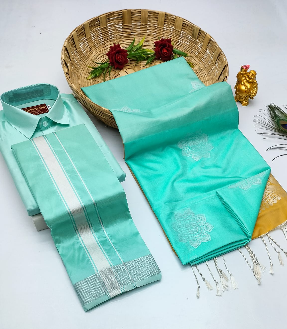 Couple Combo - Semi Silk Saree with Semi Silk Dhoti Shirt