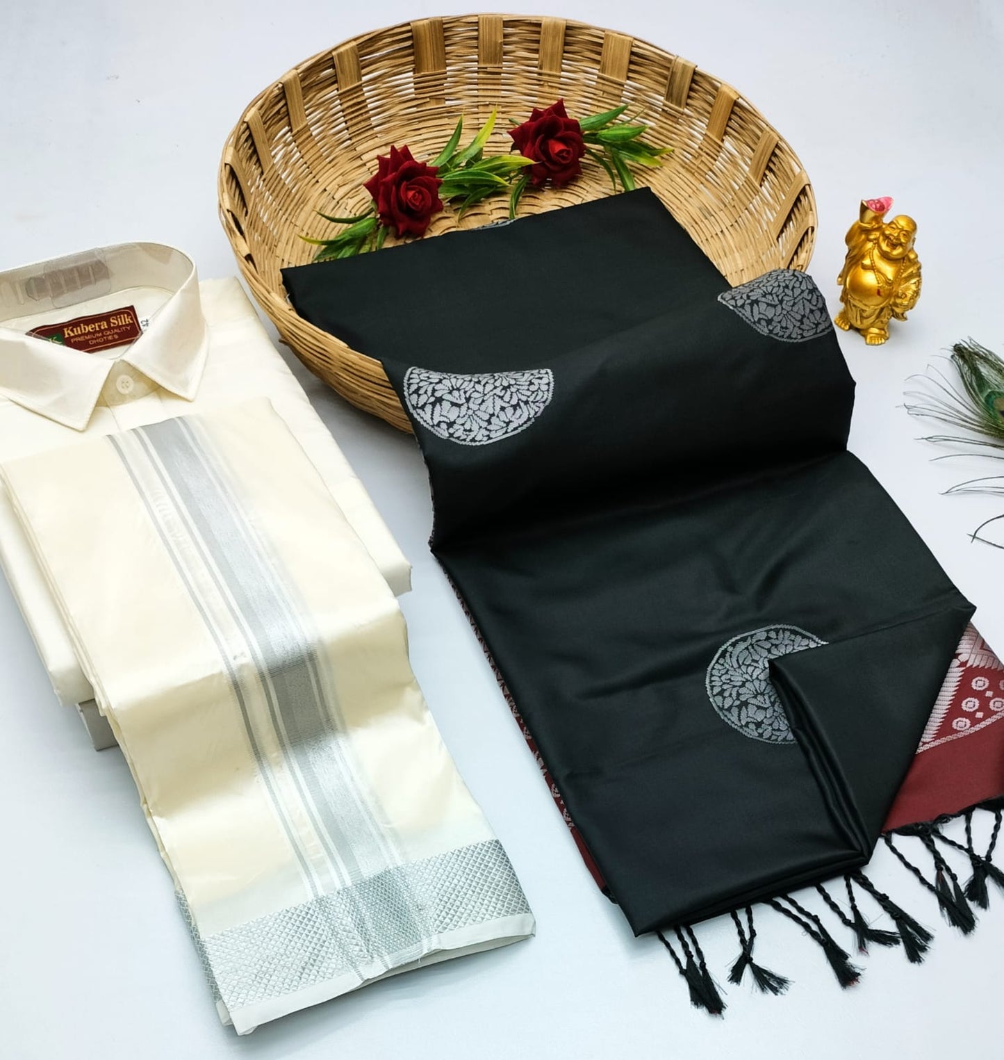 Couple Combo - Semi Silk Saree with Semi Silk Dhoti Shirt
