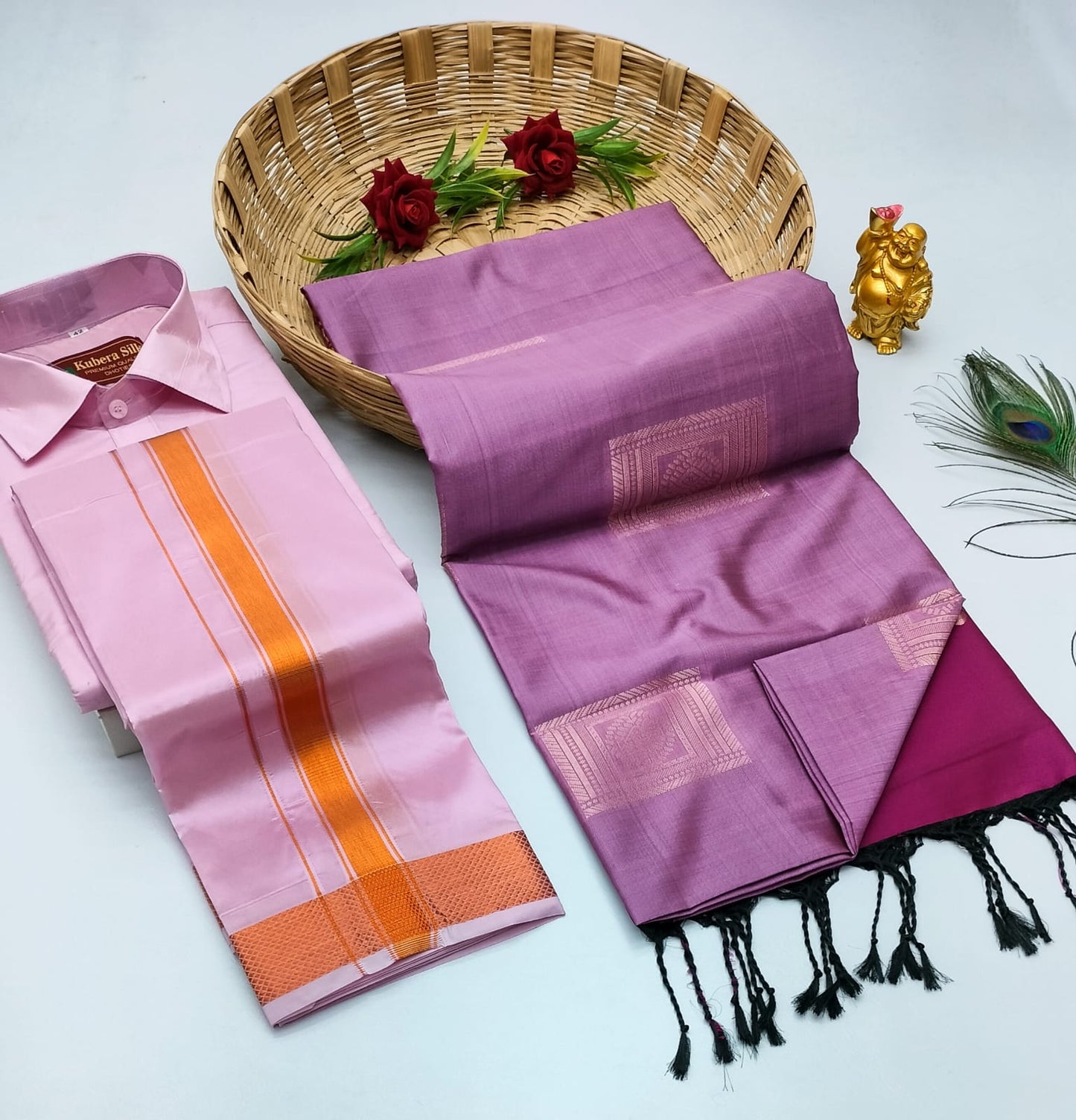 Couple Combo - Semi Silk Saree with Semi Silk Dhoti Shirt