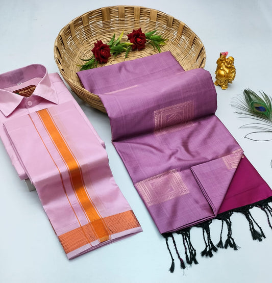 Couple Combo - Semi Silk Saree with Semi Silk Dhoti Shirt