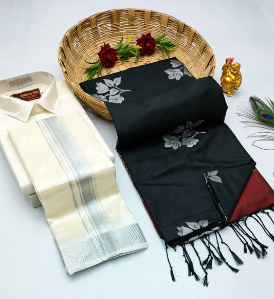 Couple Combo - Semi Silk Saree with Semi Silk Dhoti Shirt