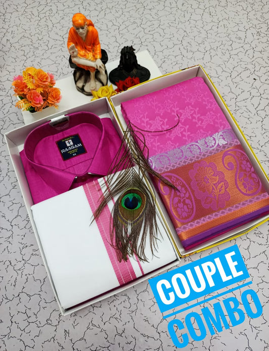 Couple Set – Embossed Saree with Blended Shirt Dhoti - CoupleWeaves