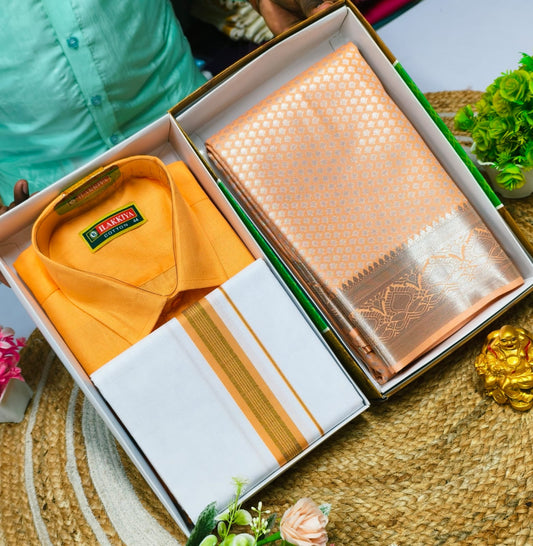 Couple Style Combo – Zari Saree and Cotton Blend Set - CoupleWeaves
