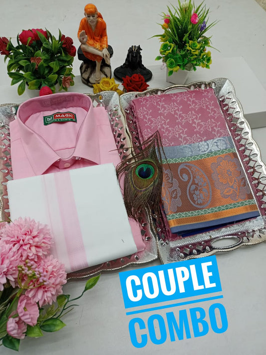 Couplewear Combo – Embossed Saree & Shirt Dhoti Set - CoupleWeaves