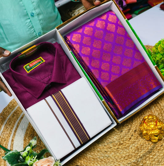 Easy Wear Couple Set – Saree and Dhoti Shirt - CoupleWeaves