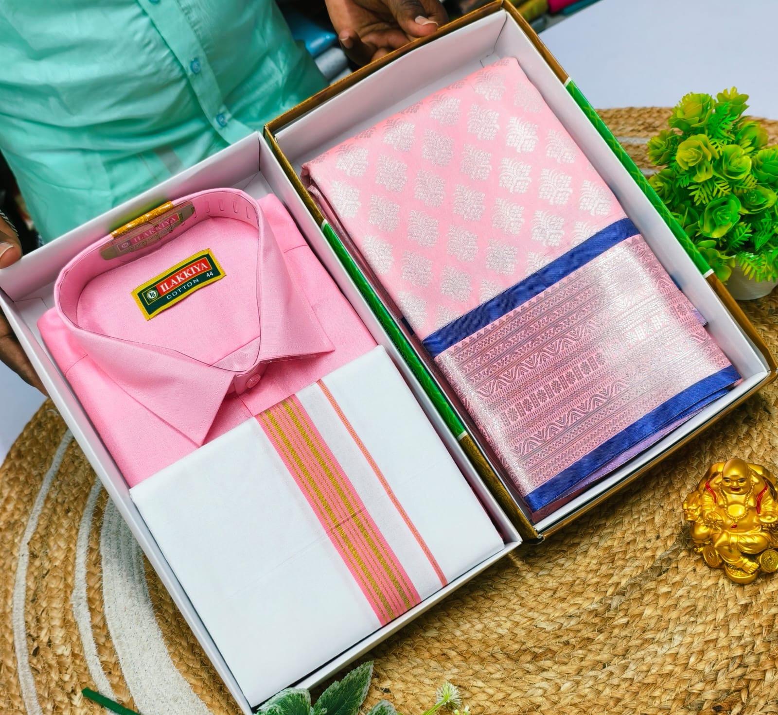 Elegant Dailywear Couple Combo – Saree & Dhoti Set - CoupleWeaves