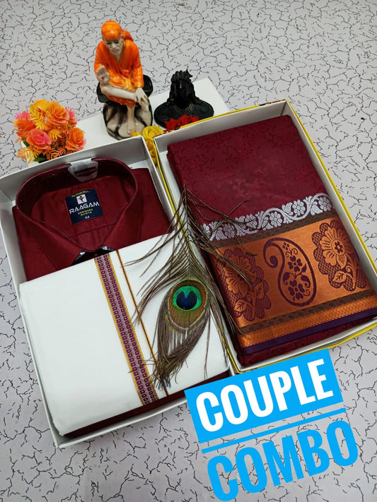 Embossed Saree Combo – Couplewear with Cotton Blend Set - CoupleWeaves