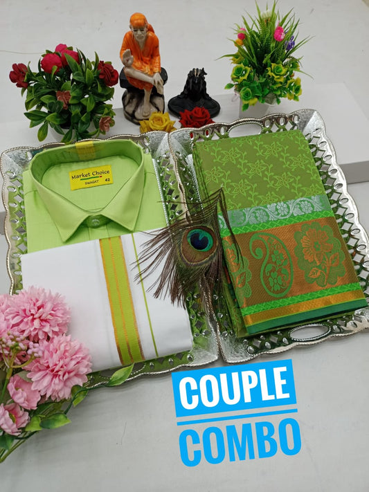 Festive Couple Combo – Embossed Saree & Soft Dhoti Shirt - CoupleWeaves