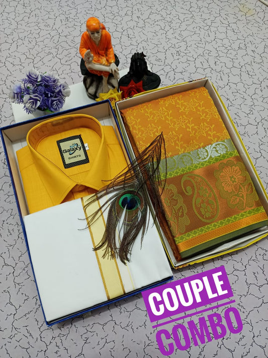 Graceful Couple Combo Embossed Saree & Ethnic Mens Set - Yellow - CoupleWeaves