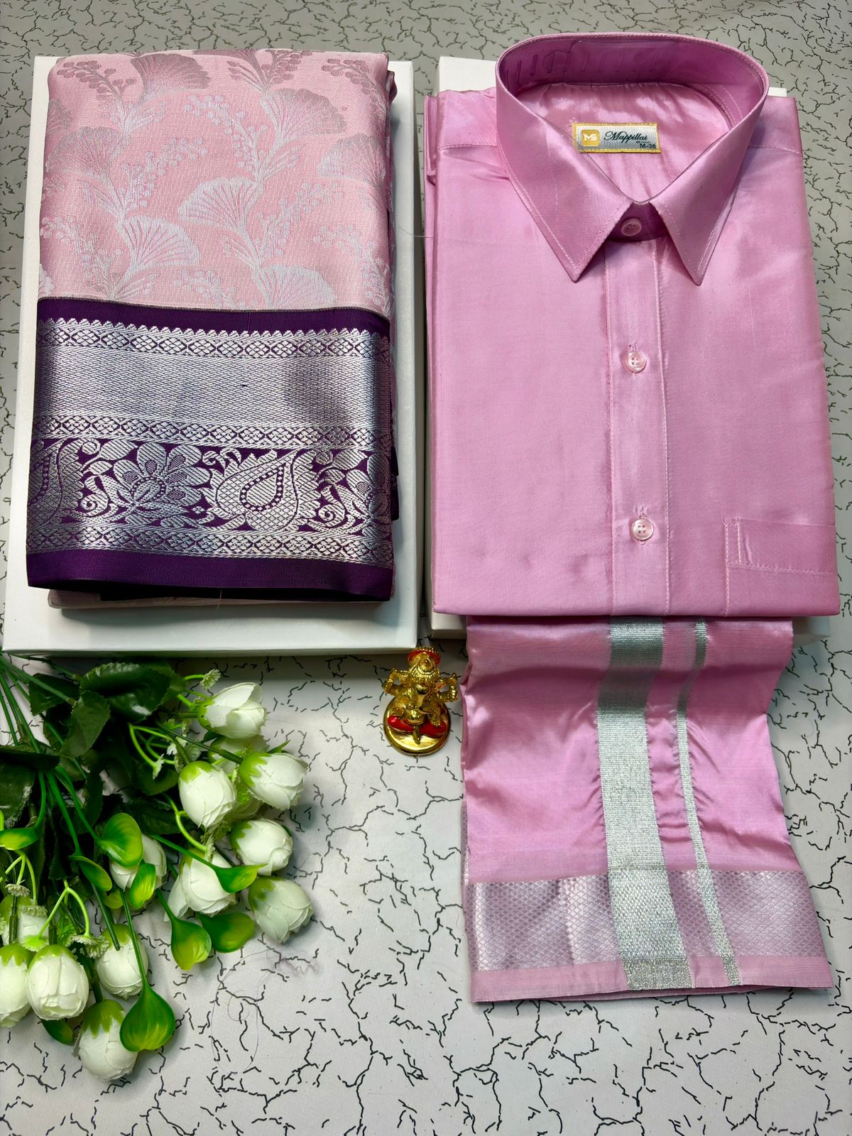 Couple Combo - Korvai Semi Silk Saree with Semi Silk Dhoti Shirt