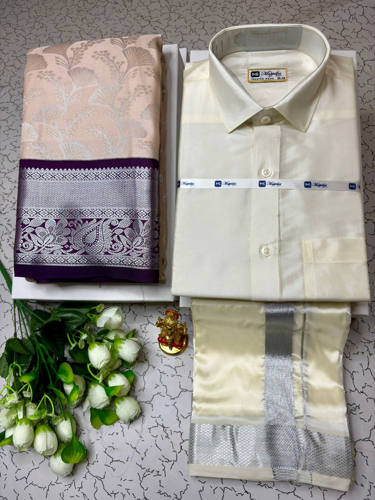 Couple Combo - Korvai Semi Silk Saree with Semi Silk Dhoti Shirt