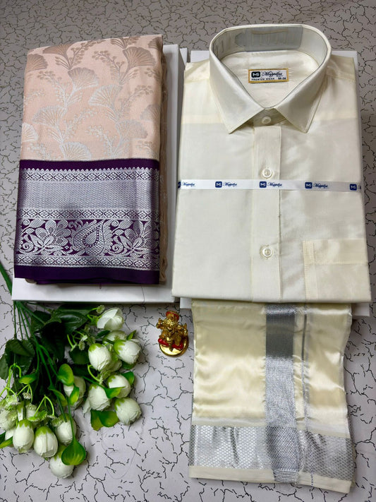 Couple Combo - Korvai Semi Silk Saree with Semi Silk Dhoti Shirt