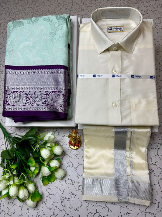 Couple Combo - Korvai Semi Silk Saree with Semi Silk Dhoti Shirt