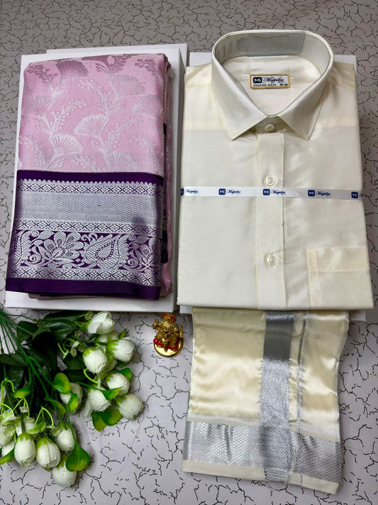 Couple Combo - Korvai Semi Silk Saree with Semi Silk Dhoti Shirt