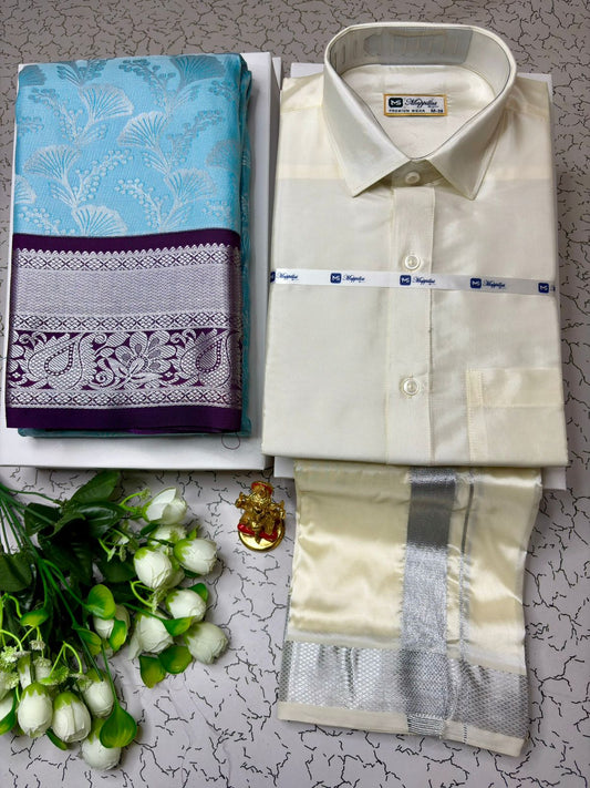 Couple Combo - Korvai Semi Silk Saree with Semi Silk Dhoti Shirt
