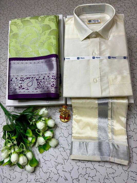 Couple Combo - Korvai Semi Silk Saree with Semi Silk Dhoti Shirt