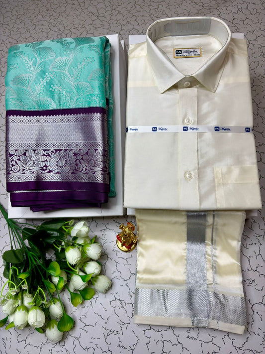 Couple Combo - Korvai Semi Silk Saree with Semi Silk Dhoti Shirt