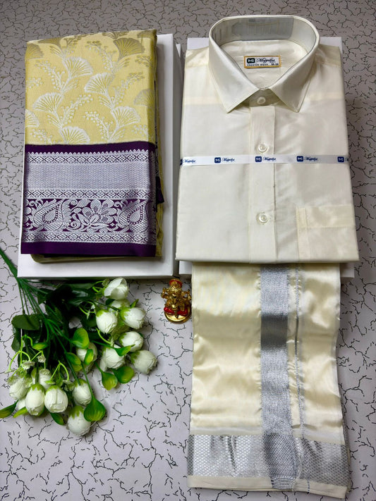 Couple Combo - Korvai Semi Silk Saree with Semi Silk Dhoti Shirt