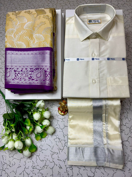 Couple Combo - Korvai Semi Silk Saree with Semi Silk Dhoti Shirt