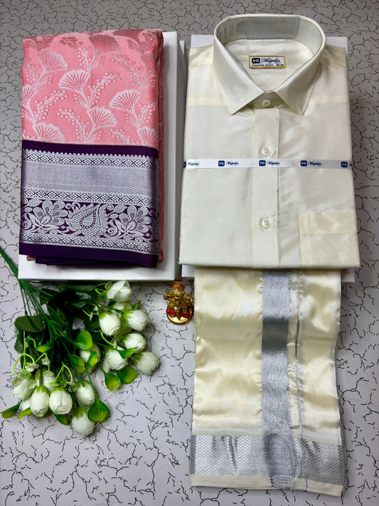 Couple Combo - Korvai Semi Silk Saree with Semi Silk Dhoti Shirt