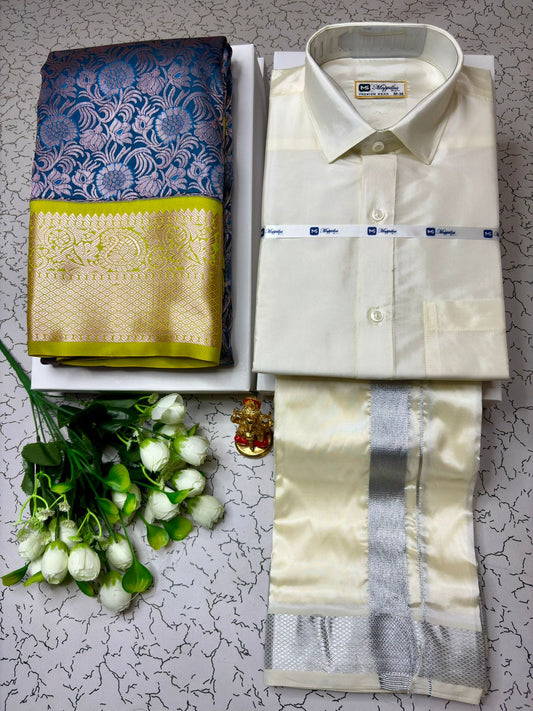 Couple Combo - Korvai Semi Silk Saree with Semi Silk Dhoti Shirt