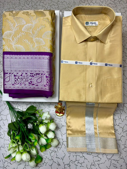 Couple Combo - Korvai Semi Silk Saree with Semi Silk Dhoti Shirt