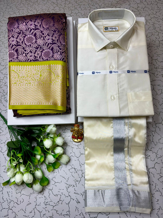 Couple Combo - Korvai Semi Silk Saree with Semi Silk Dhoti Shirt
