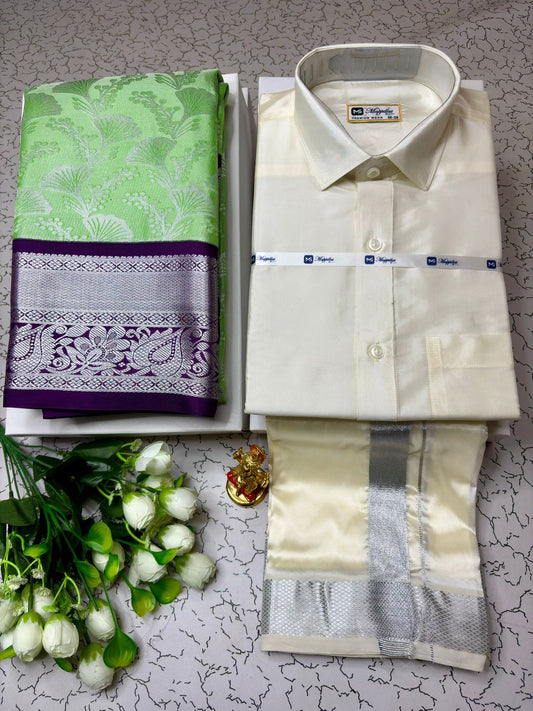 Couple Combo - Korvai Semi Silk Saree with Semi Silk Dhoti Shirt