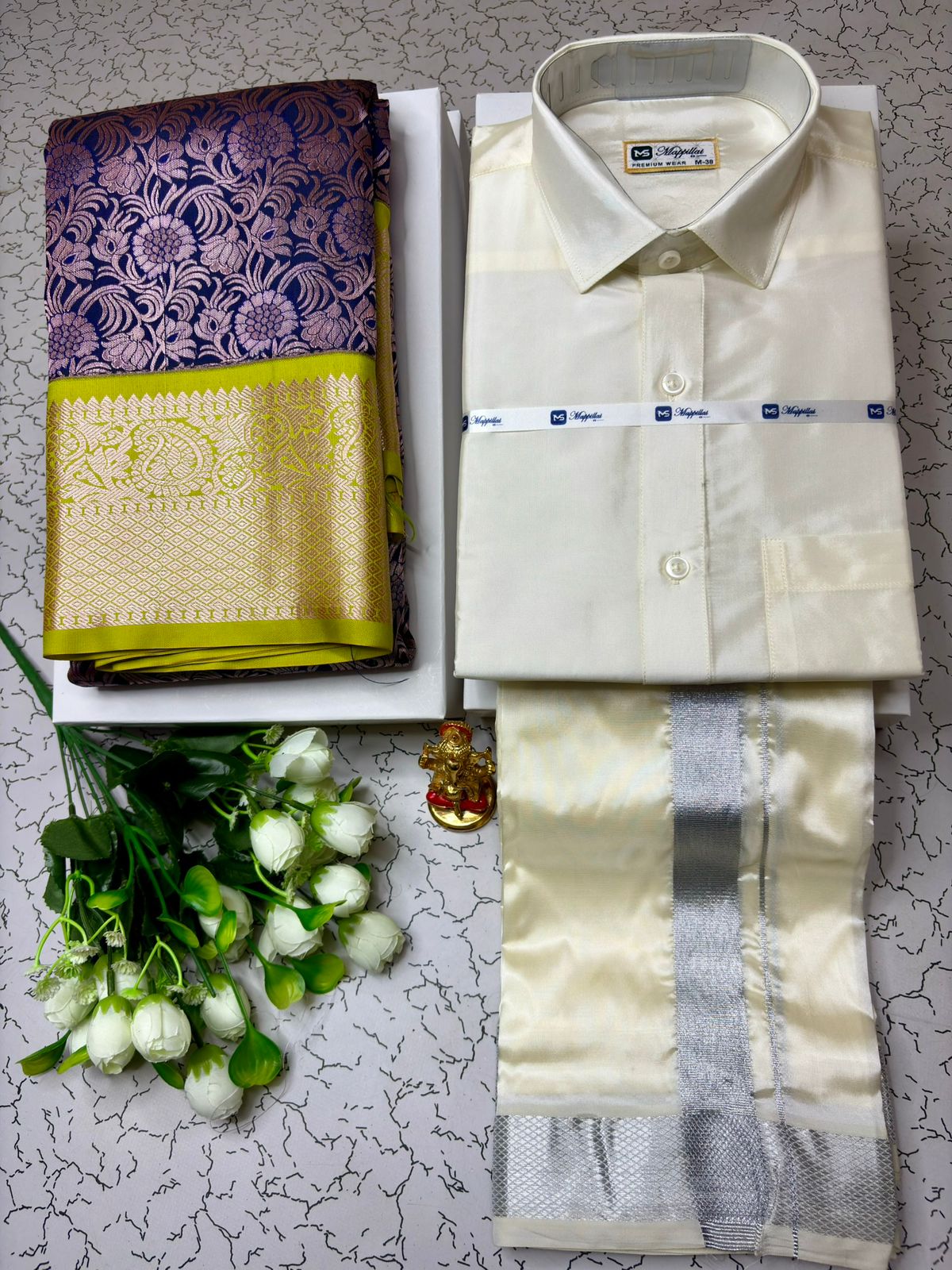 Couple Combo - Korvai Semi Silk Saree with Semi Silk Dhoti Shirt
