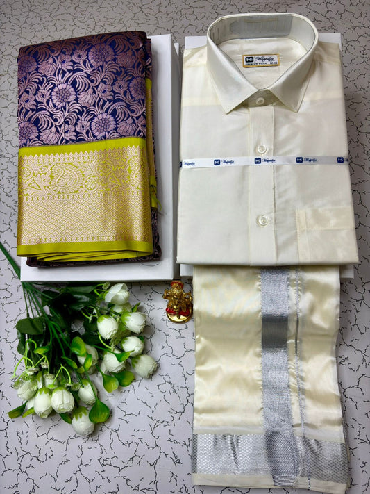 Couple Combo - Korvai Semi Silk Saree with Semi Silk Dhoti Shirt