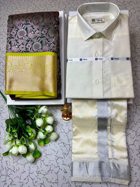 Couple Combo - Korvai Semi Silk Saree with Semi Silk Dhoti Shirt