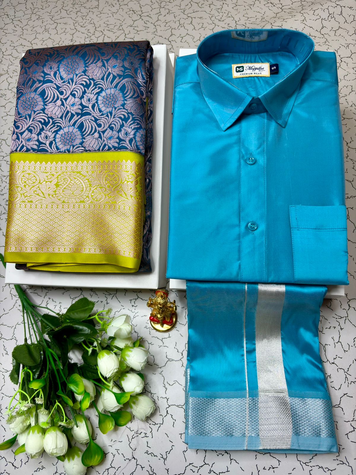 Couple Combo - Korvai Semi Silk Saree with Semi Silk Dhoti Shirt