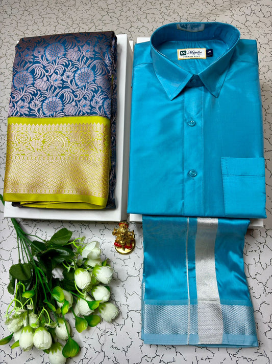 Couple Combo - Korvai Semi Silk Saree with Semi Silk Dhoti Shirt