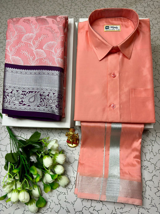 Couple Combo - Korvai Semi Silk Saree with Semi Silk Dhoti Shirt