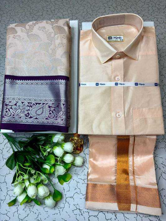 Couple Combo - Korvai Semi Silk Saree with Semi Silk Dhoti Shirt