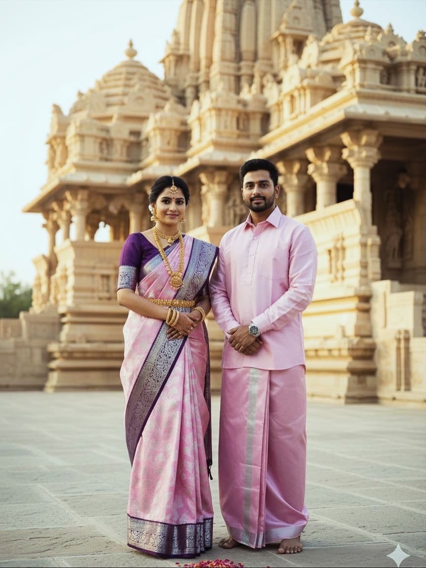 Couple Combo - Korvai Semi Silk Saree with Semi Silk Dhoti Shirt